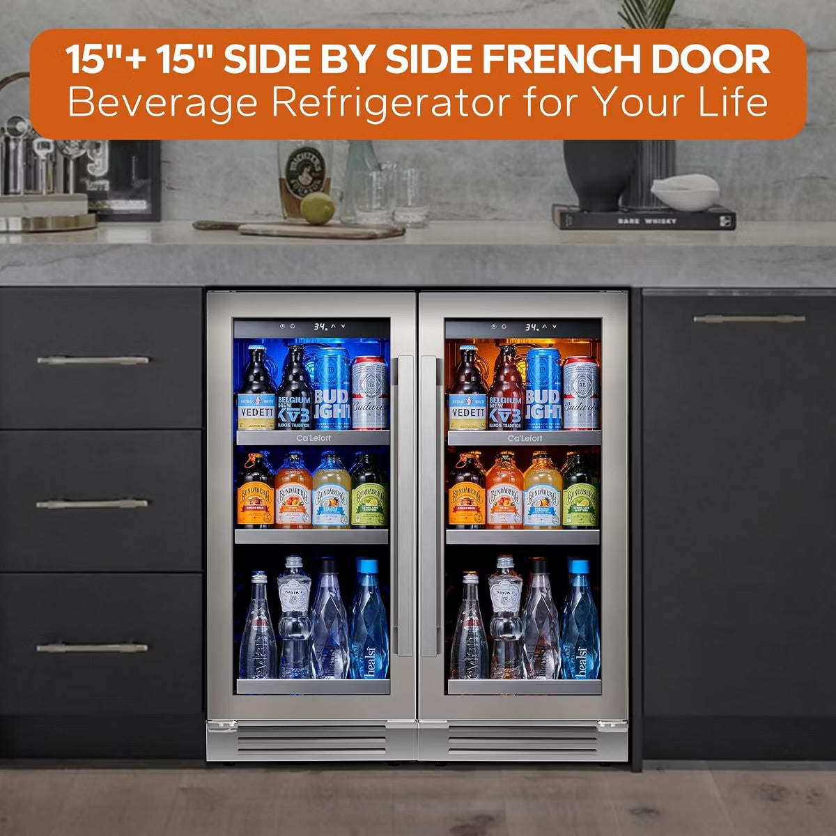 Ca'Lefort Dual 15" Single Zone Beverage Refrigerator Cooler Combo - 30 Inch Beverage Fridge Glass Door Built-in or Freestanding for Home/Kitchen