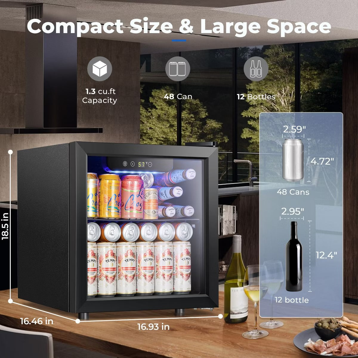 R.W.FLAME 12-Bottle 48-Can Beverage Fridge, Low Noise Clear Glass Door Countertop Cellar for Beer and Soda, 1.3 Cu.ft, Black