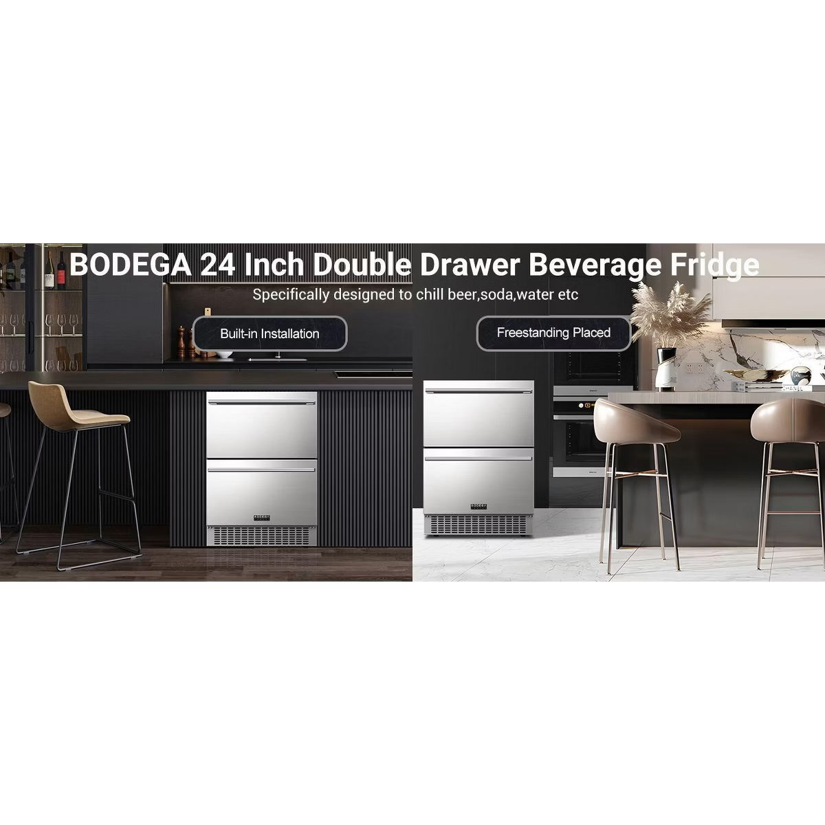 24-inch fridge,149 Cans,Stainless Steel Door,LED light,Adjustable shelves,Quiet Compressor,Double Drawer Cooler,Air Defrost System