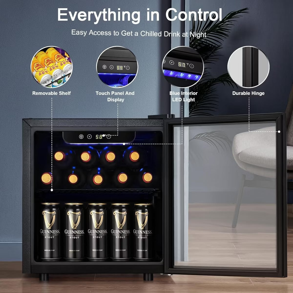 R.W.FLAME 12-Bottle 48-Can Beverage Fridge, Low Noise Clear Glass Door Countertop Cellar for Beer and Soda, 1.3 Cu.ft, Black