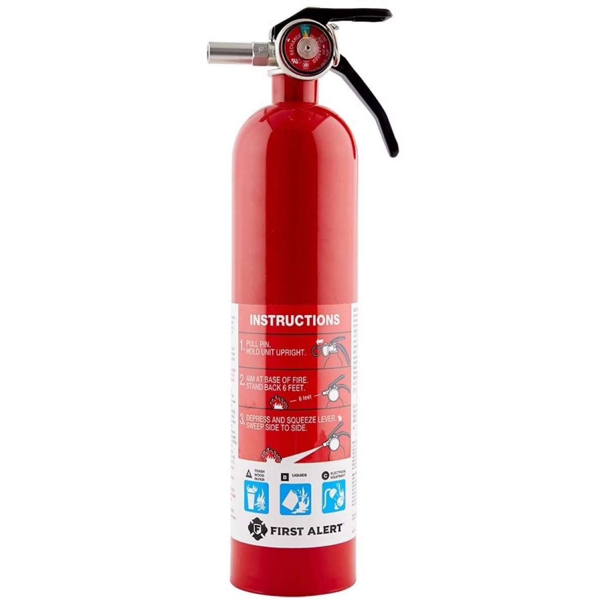 First Alert HOME1 Multipurpose ABC Rechargeable Fire Extinguisher: Steel, 10-Year Warranty, Meets OSHA, UL 1-A:10:BC, Red