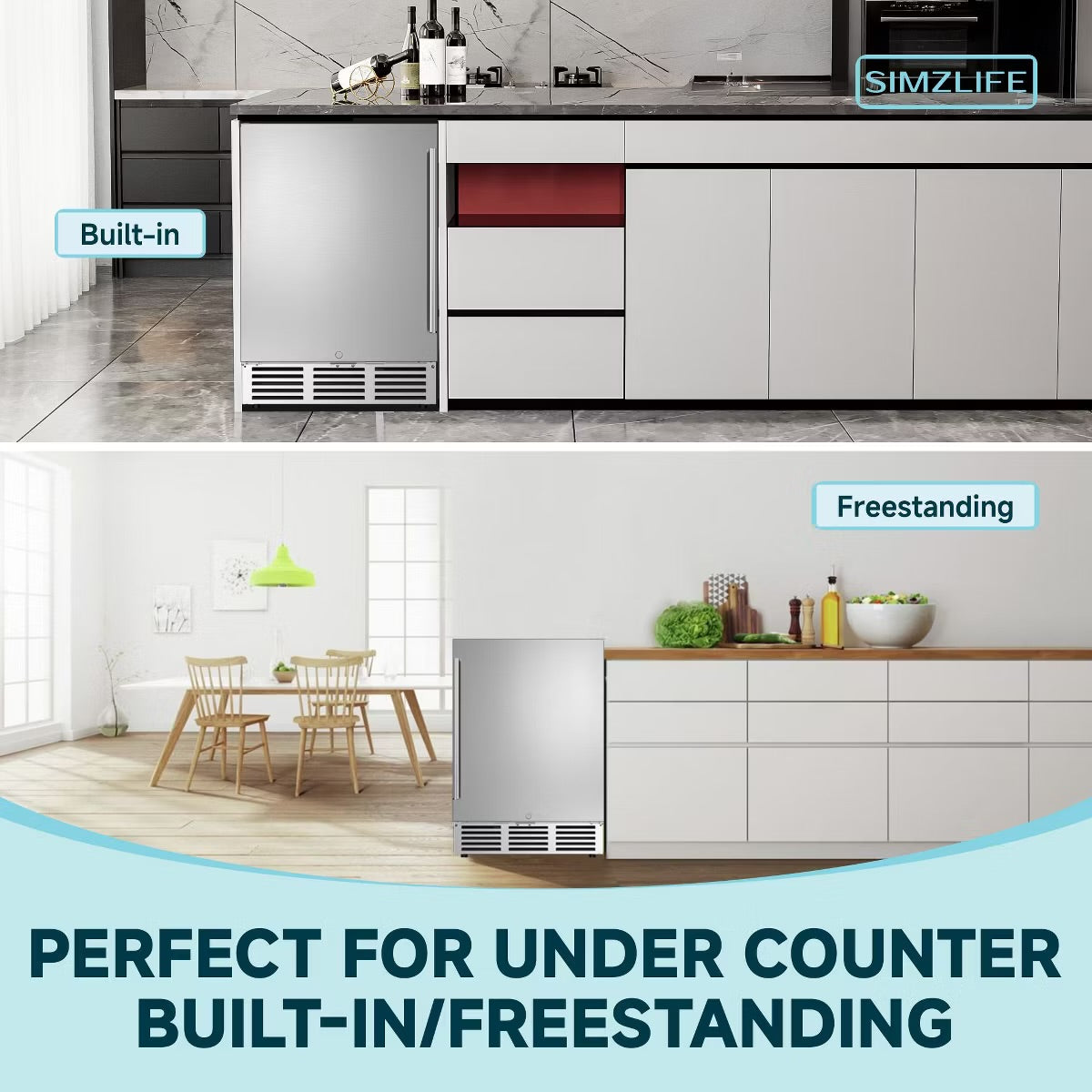 Simzlife 5.3 Cu.ft/180 Cans Mini Beverage Refrigerator, Undercounter Portable Fridge with Removable Shelves & LED Light, Stainless Steel, Silver