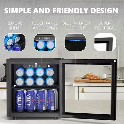 Simzlife 1.3 Cu.Ft/55 Cans Mini Beverage Refrigerator, Portable Fridge with Reversible Glass Door,Adjustable Shelves, Digital Control,LED Light, Black