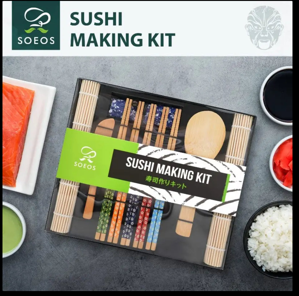 Soeos Beginner Sushi Making Kit, Sushi Making Kit for Beginners with 2 Sushi Rolling Mats, 5 Pairs Chopsticks, 1 Paddle, 1 Spreader, 1 Bag, Sushi Making Kit Gift Set, Sushi Maker Kit