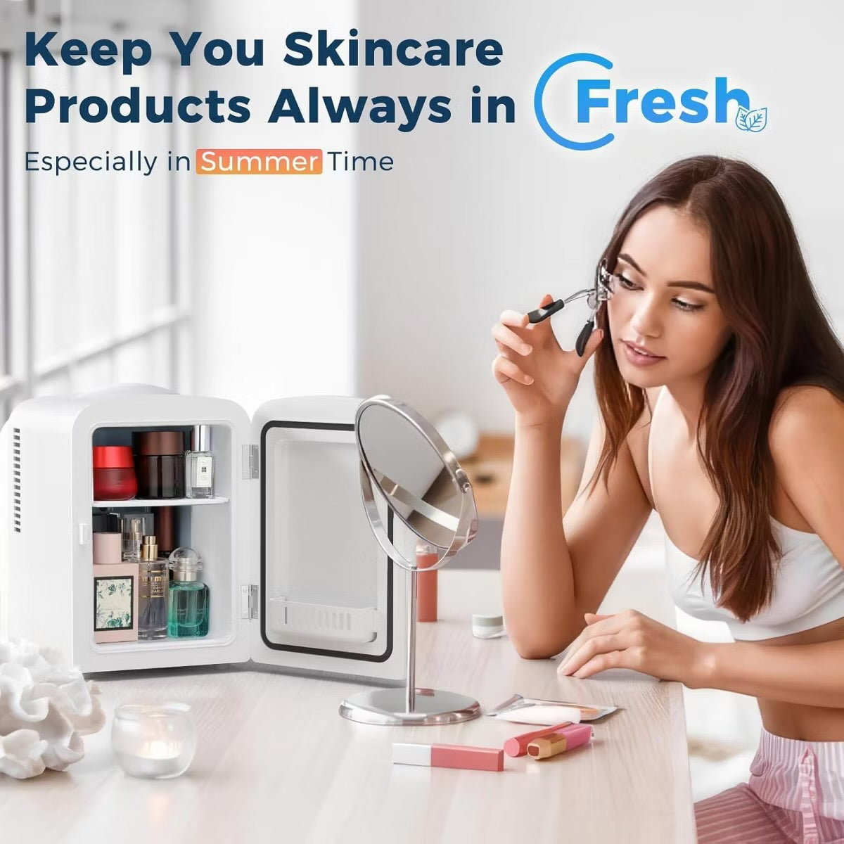 R.W.FLAME Makeup Compact Refrigerator with Mirror, Skin Care, for Bedroom, Car, Office & Dorm, Portable Small Cooler for Cosmetics, White