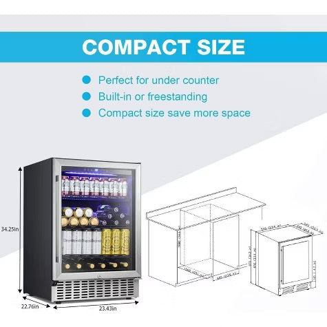 R.W.FLAME 24 Inch Beverage Fridge with Clear Glass Door, Digital Memory Temperature Control, for Cans and Soda, LED Lighting, Quiet Operation