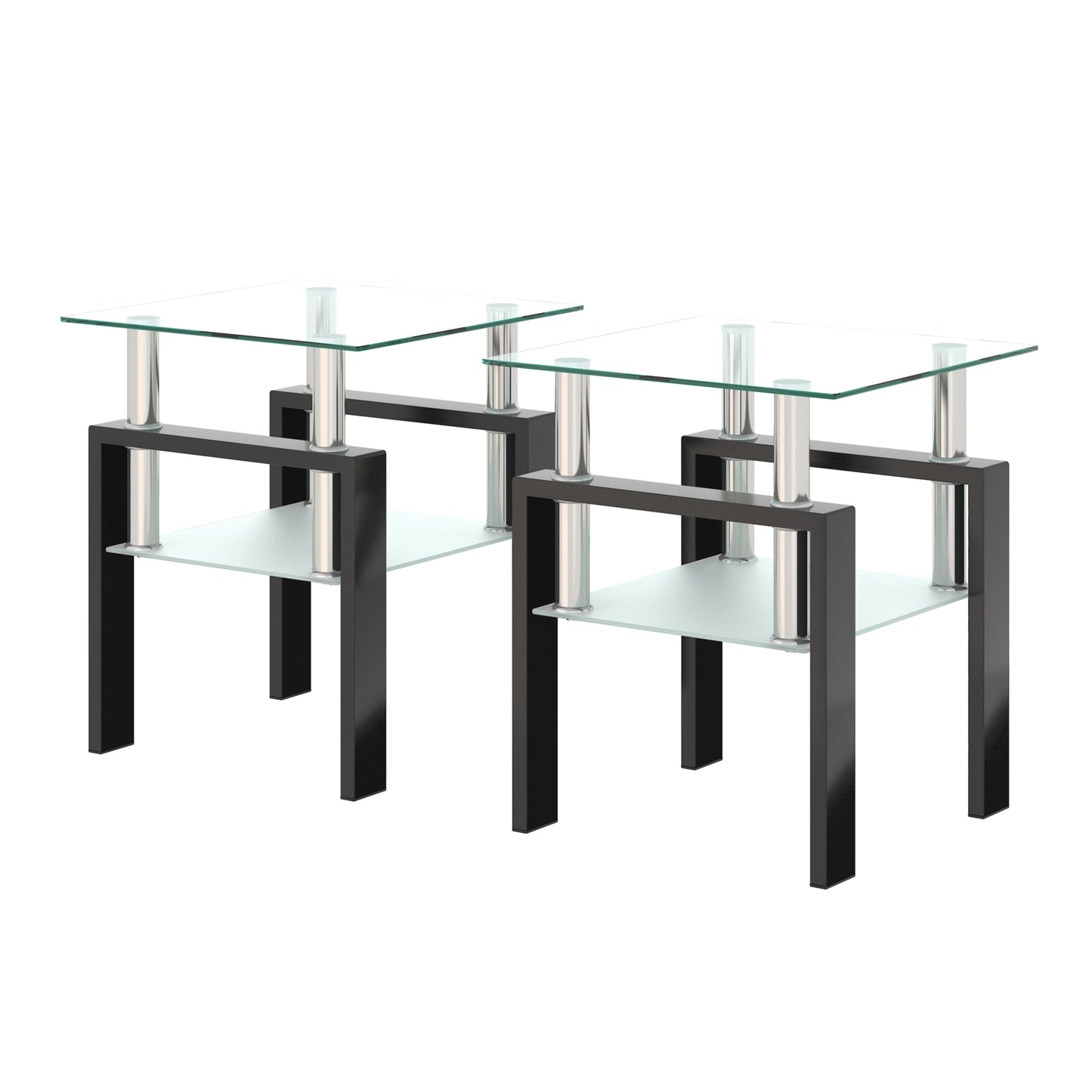 Lot de 2 tables basses modernes en verre trempé, table d'appoint carrée pour salon, transparentes/noires