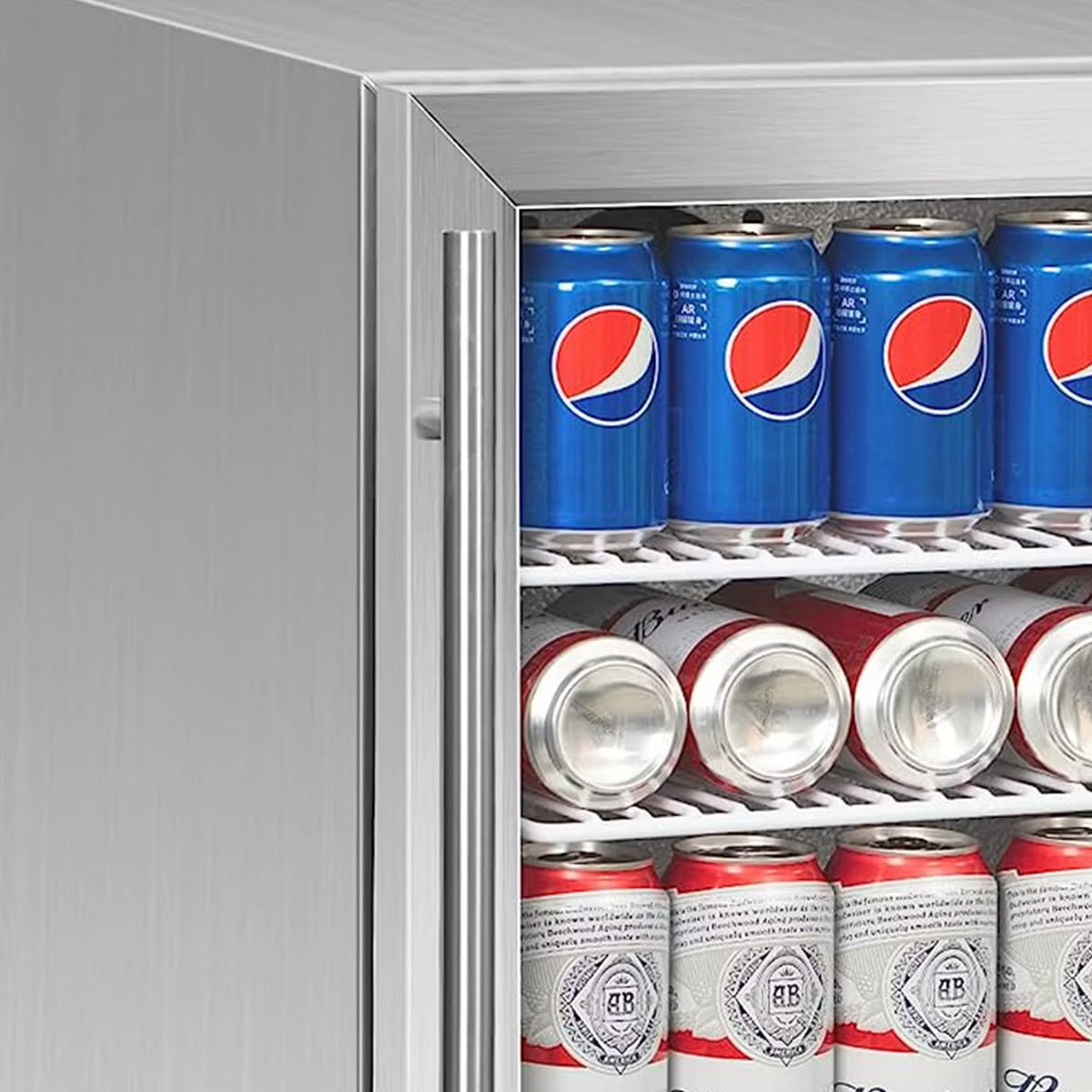 IceJungle 160 Can Freestanding Beverage Drink Fridge with Adjustable Shelves, Automatic Close Function, Door Lock and Alarm, Silver