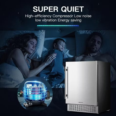 24-inch fridge,180 Cans,304 Stainless Steel Door,LED light,Adjustable shelves,Quiet Compressor,Smart digital control cooler,Automatic defrosting