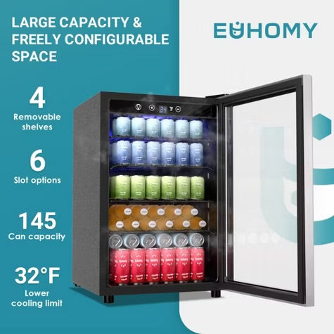 Simzlife Compact Beverage Refrigerator-4.5 Cu.ft/145 Cans, Mini Fridge with Reversible Glass Door&LED Light, Removable Shelves, Quiet&Energy Efficient