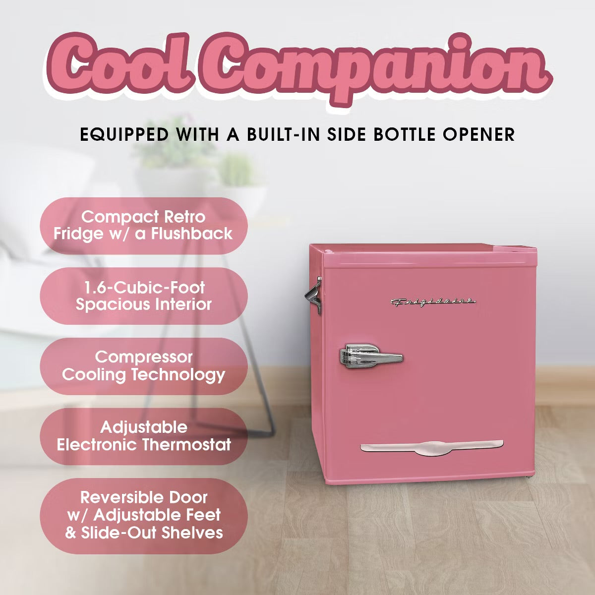 Frigidaire 1.6 Cubic Foot Stainless Steel Countertop Retro Bar Mini Fridge Refrigerator with Compact Freezer, Bottle Opener, and Reversible Door, Pink