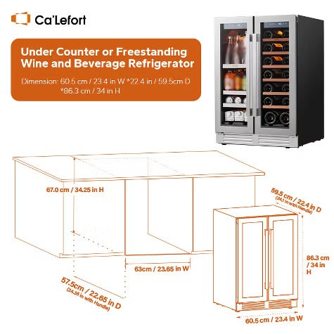 Ca'Lefort 24" dual-zone wine/beverage fridge, holds 60 cans/20 bottles, glass door, 3 LED lights, adjustable shelves, 4.1 cu.ft