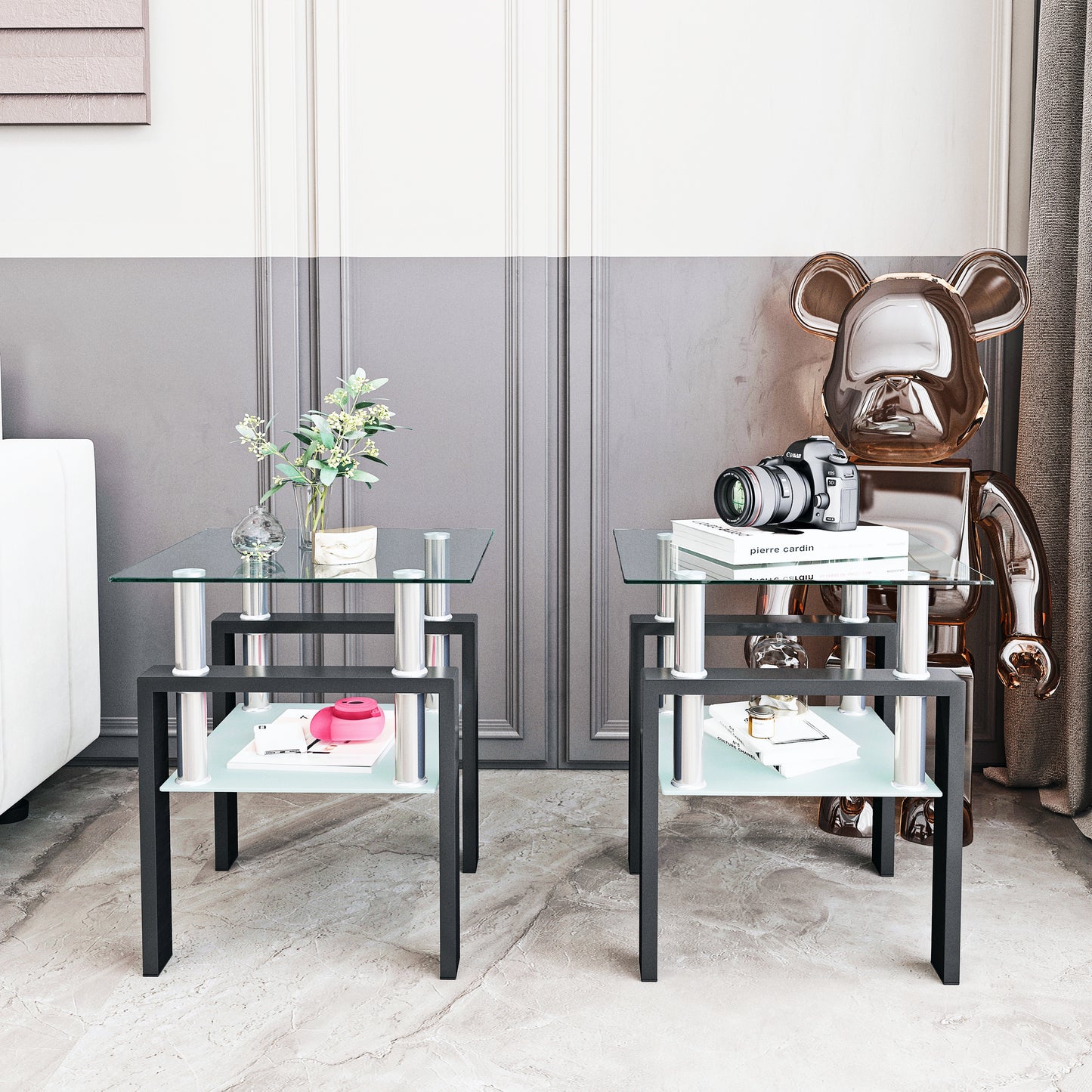 Lot de 2 tables basses modernes en verre trempé, table d'appoint carrée pour salon, transparentes/noires