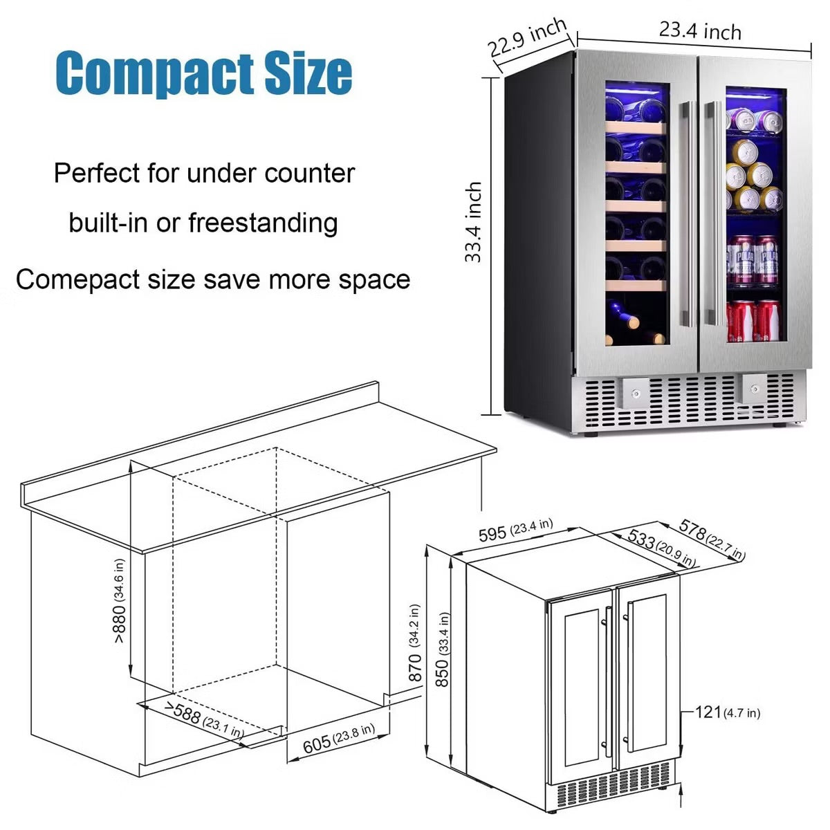 R.W.FLAME Beverage Fridge with Dual-Zone Cooler and Glass Door, 24-Inch Under Counter Design,Built-in or Freestanding, Smart Touchscreen