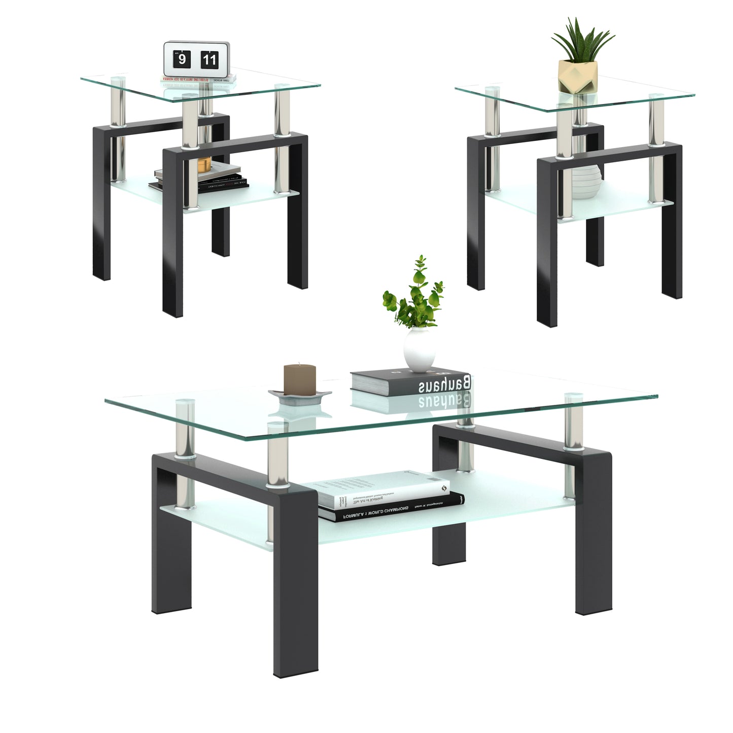 Lot de 2 tables basses modernes en verre trempé, table d'appoint carrée pour salon, transparentes/noires