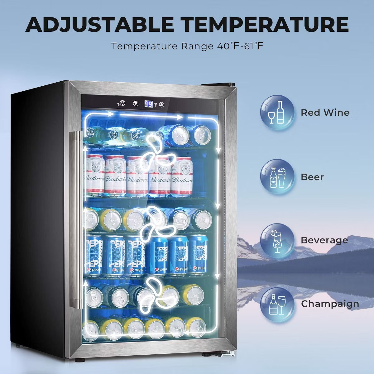 R.W.FLAME 4.5 Cu.Ft Beverage Fridge, 145-Can Mini Cooler with Glass Door for Soft Drinks, Freestanding with Adjustable Shelving
