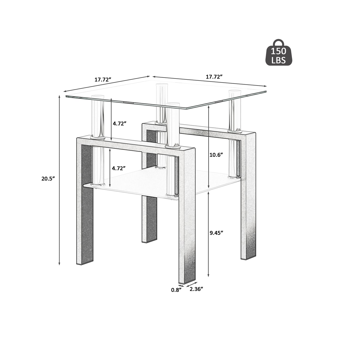 Lot de 2 tables basses modernes en verre trempé, table d'appoint carrée pour salon, transparentes/noires