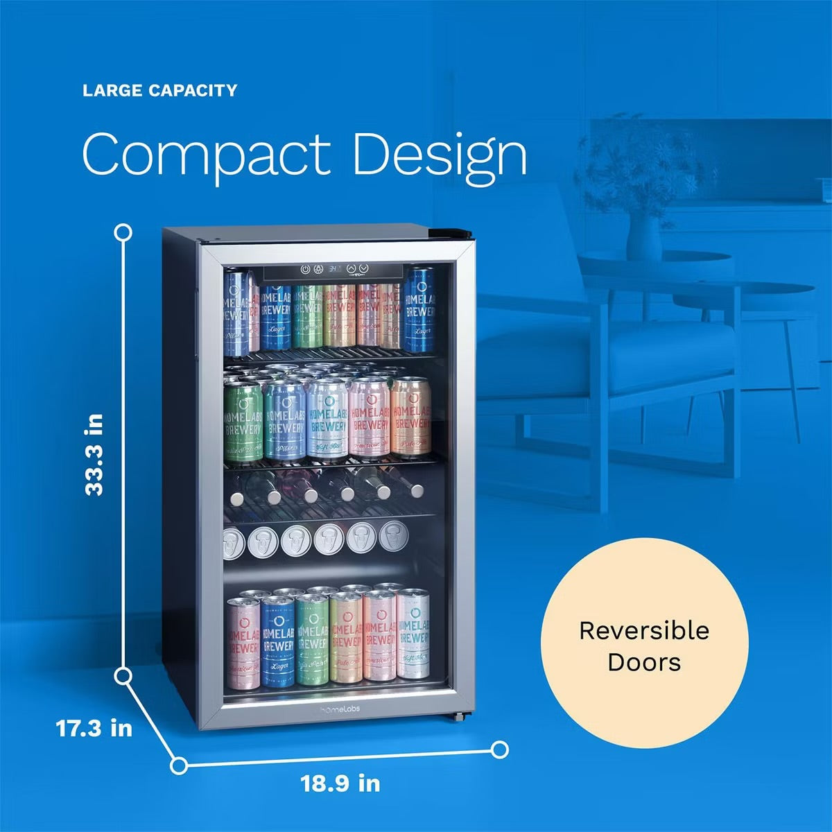 hOmelabs Beverage Refrigerator with Glass Door for Soda, Beer or Wine, 120-Can Capacity - Portable Mini Fridge and Cooler Machine for Office and Bars