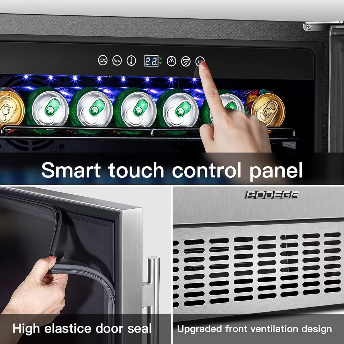 24-inch fridge,180 Cans,304 Stainless Steel Door,LED light,Adjustable shelves,Quiet Compressor,Smart digital control cooler,Automatic defrosting