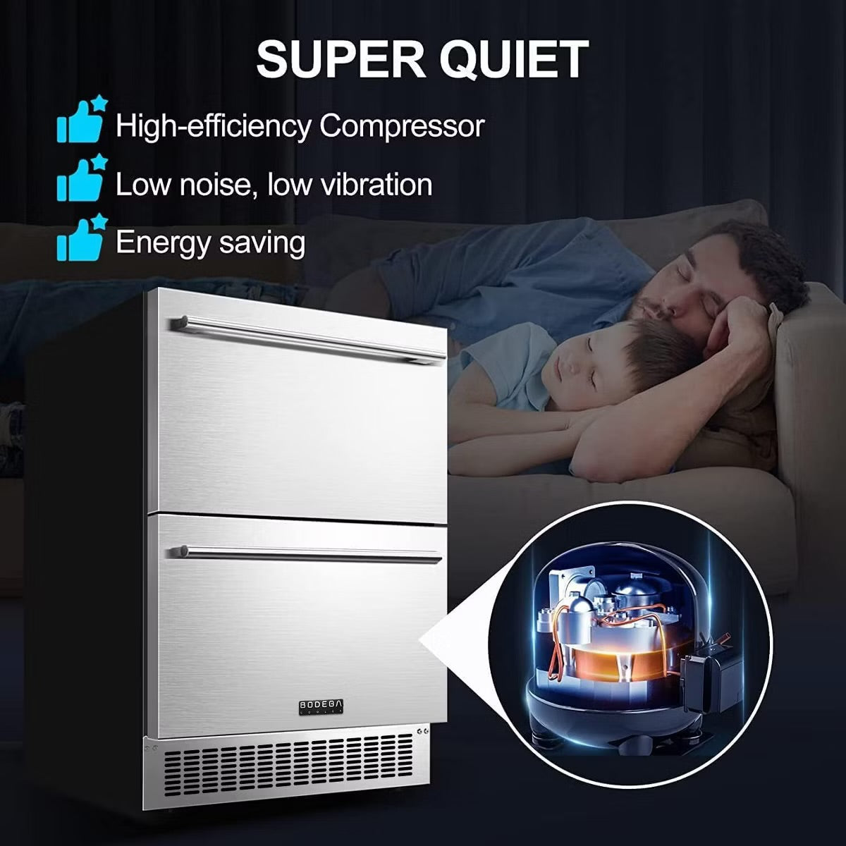 24-inch fridge,149 Cans,Stainless Steel Door,LED light,Adjustable shelves,Quiet Compressor,Double Drawer Cooler,Air Defrost System