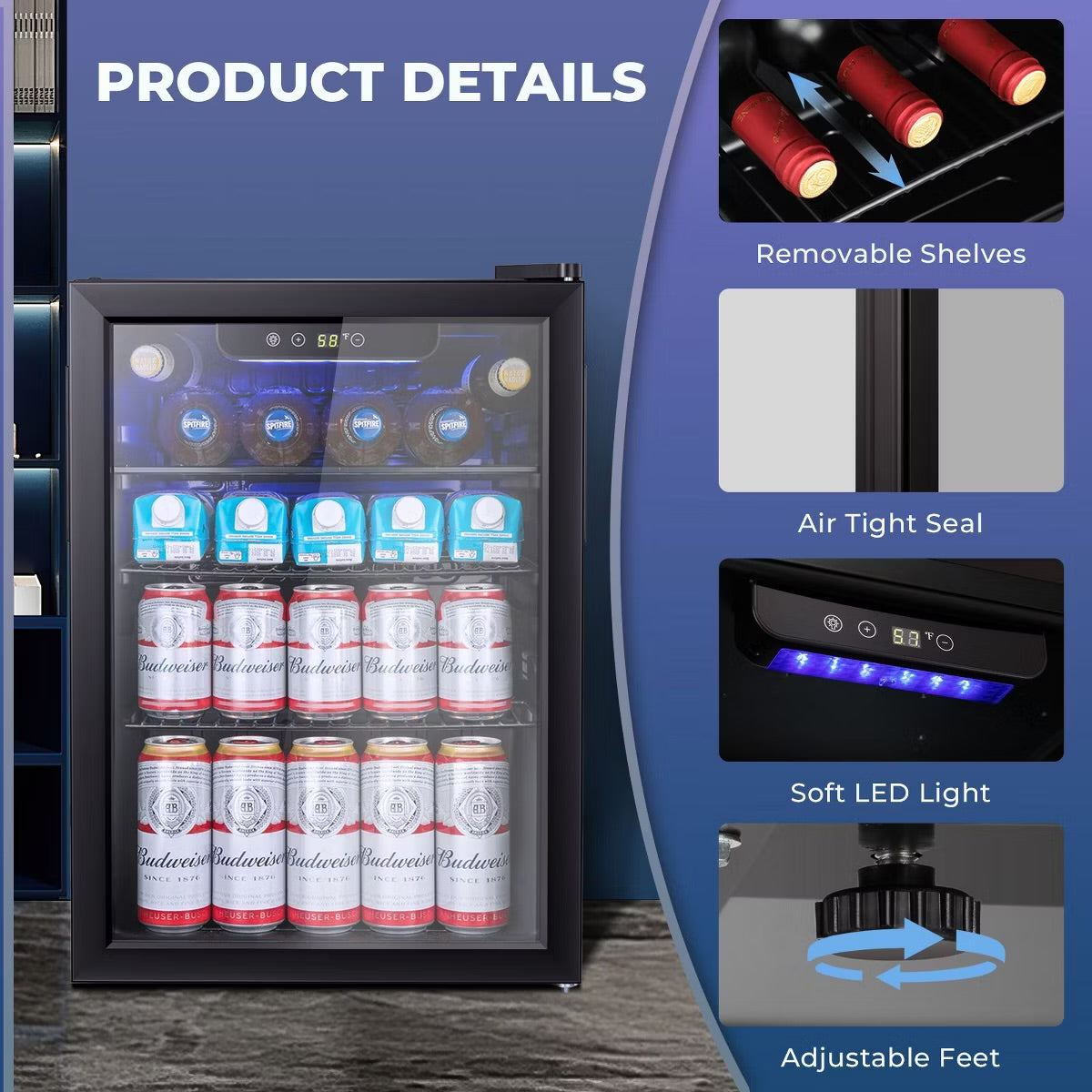 R.W.FLAME 95 Can Beverage Cooler,Compact Fridge for Soda,Clear Glass Door,Quiet Compressor,Adjustable Temperature,Freestanding,2.4 Cu.ft