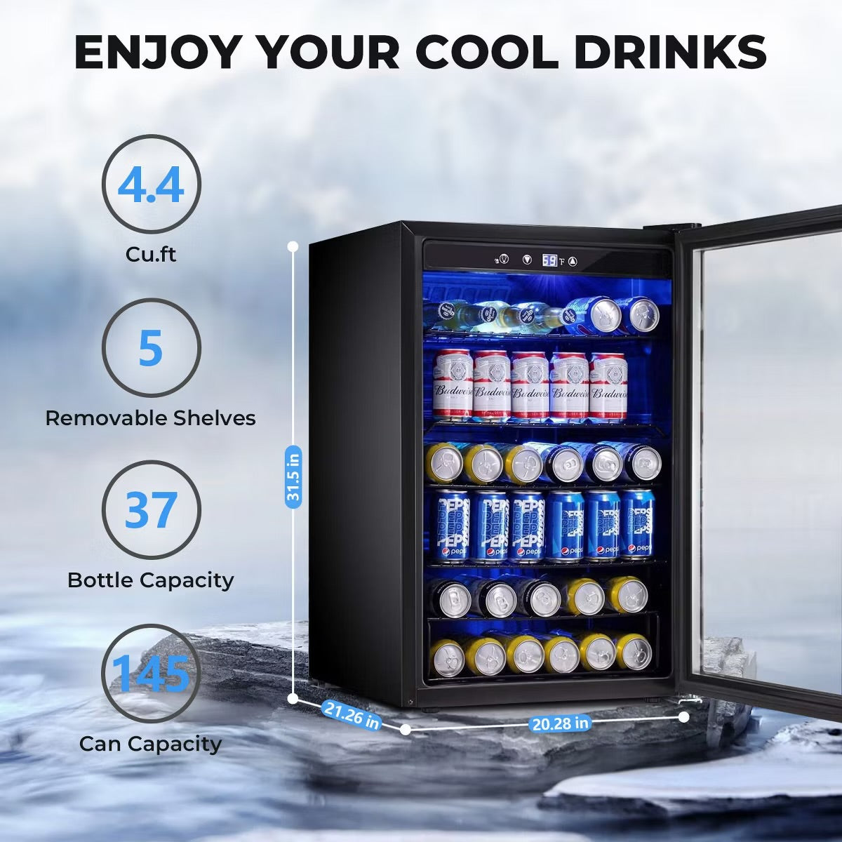 R.W.FLAME 4.5 Cu.Ft Beverage Fridge, 145-Can Mini Cooler with Glass Door for Soft Drinks, Freestanding with Adjustable Shelving