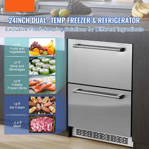 VEVOR 24 inch Undercounter Refrigerator, 2 Drawer Refrigerator with Different Temperature, 4.87 Cu.ft, Waterproof Under Counter Freezer Fridge