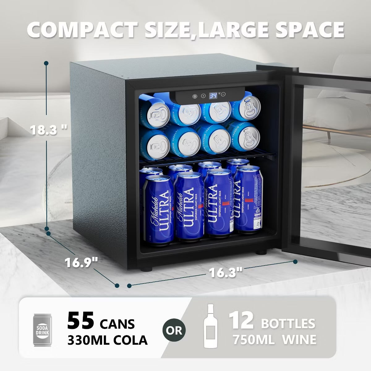 Simzlife 1.3 Cu.Ft/55 Cans Mini Beverage Refrigerator, Portable Fridge with Reversible Glass Door,Adjustable Shelves, Digital Control,LED Light, Black