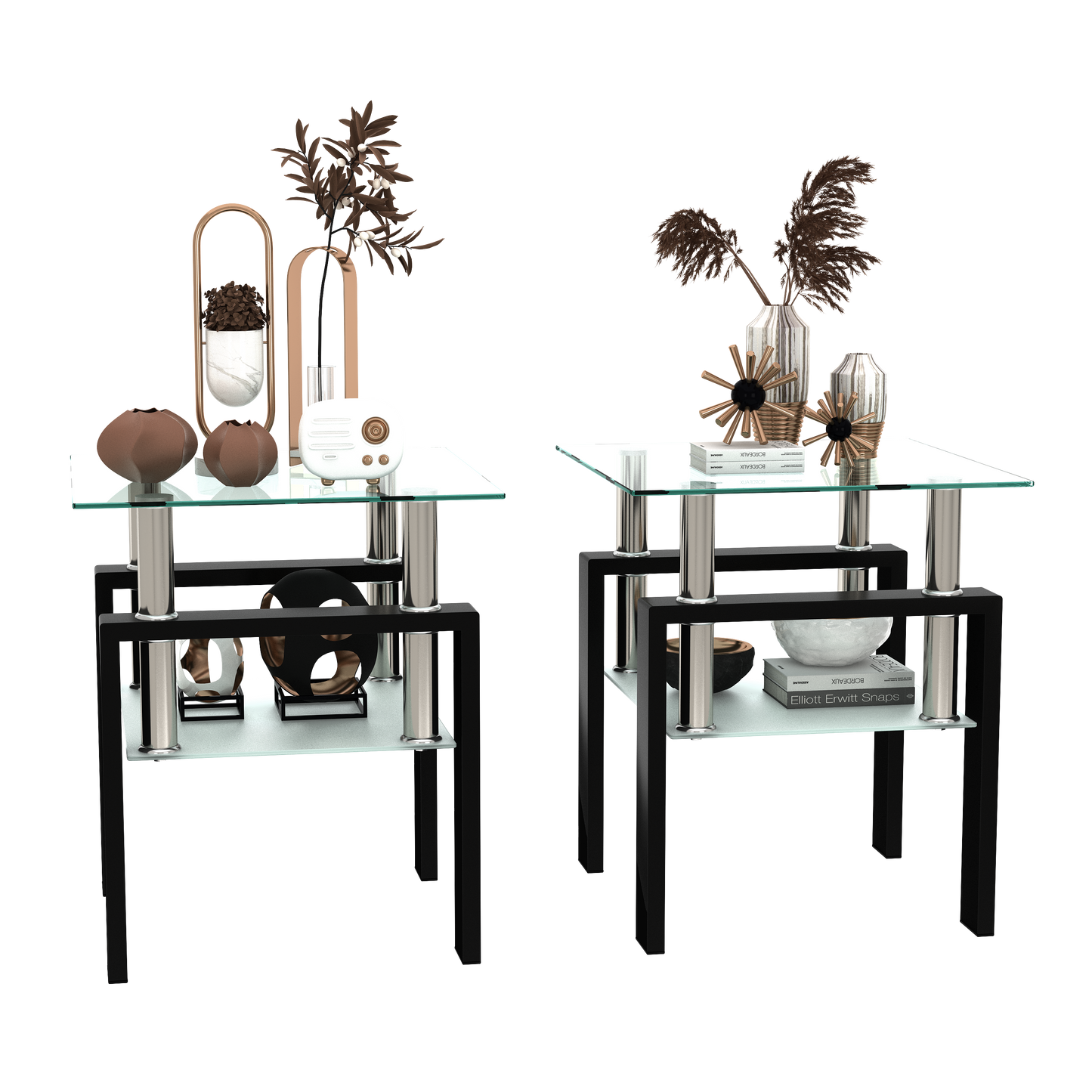 Lot de 2 tables basses modernes en verre trempé, table d'appoint carrée pour salon, transparentes/noires