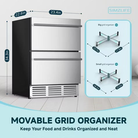 Simzlife 4.9 Cu.ft/180 Cans Mini Beverage Refrigerator, Double Drawer, Movable Grid Organizer, Freestanding Fridge, LED Light, Stainless Steel, Silver