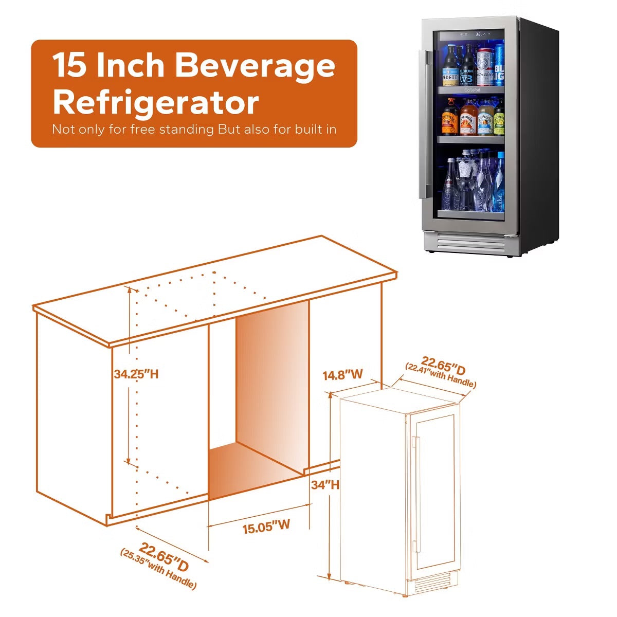 Ca'Lefort Beverage Cooler Refrigerator Soda Drink Mini Fridge 15 in. 100 Cans (12 oz.), Built-in or Freestanding Frost-Free