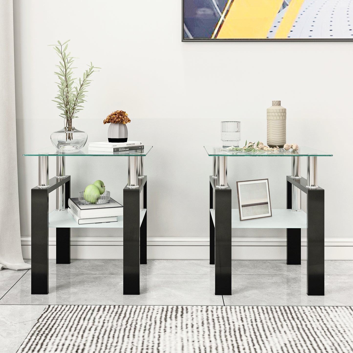 Lot de 2 tables basses modernes en verre trempé, table d'appoint carrée pour salon, transparentes/noires