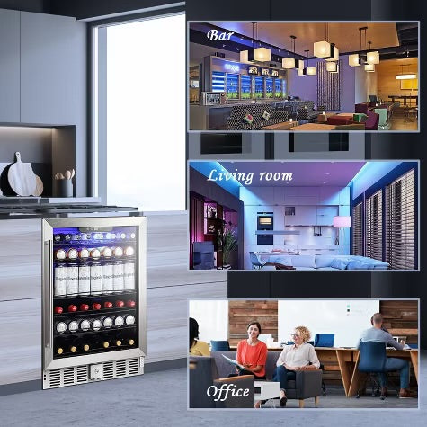 R.W.FLAME 5.1 Cu.Ft Beverage Fridge, 24 Inch, 166-Can, Low Noise, Glass Door, Stainless Steel, Efficient Cooling System with Safety Lock