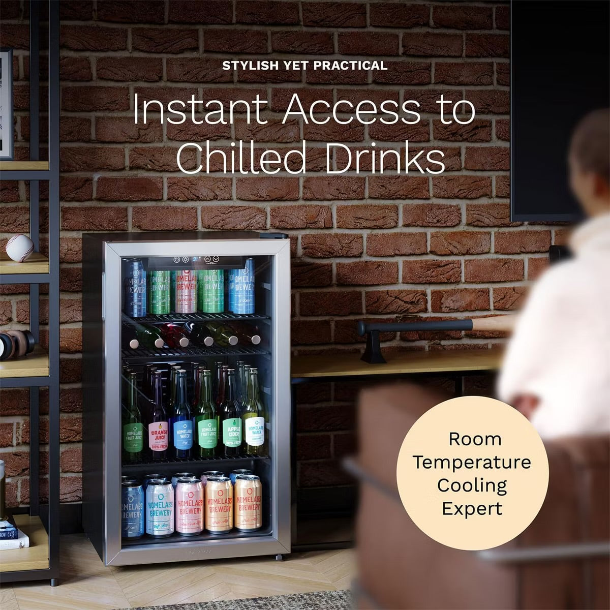 hOmelabs Beverage Refrigerator with Glass Door for Soda, Beer or Wine, 120-Can Capacity - Portable Mini Fridge and Cooler Machine for Office and Bars