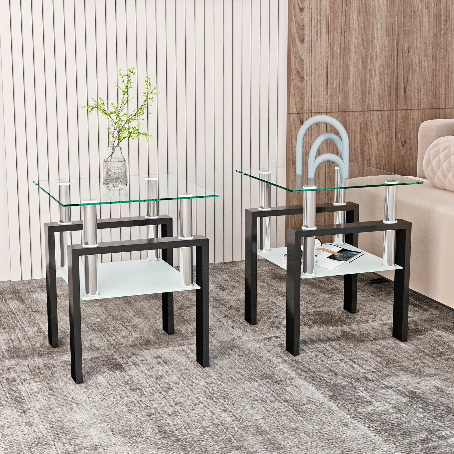 Lot de 2 tables basses modernes en verre trempé, table d'appoint carrée pour salon, transparentes/noires