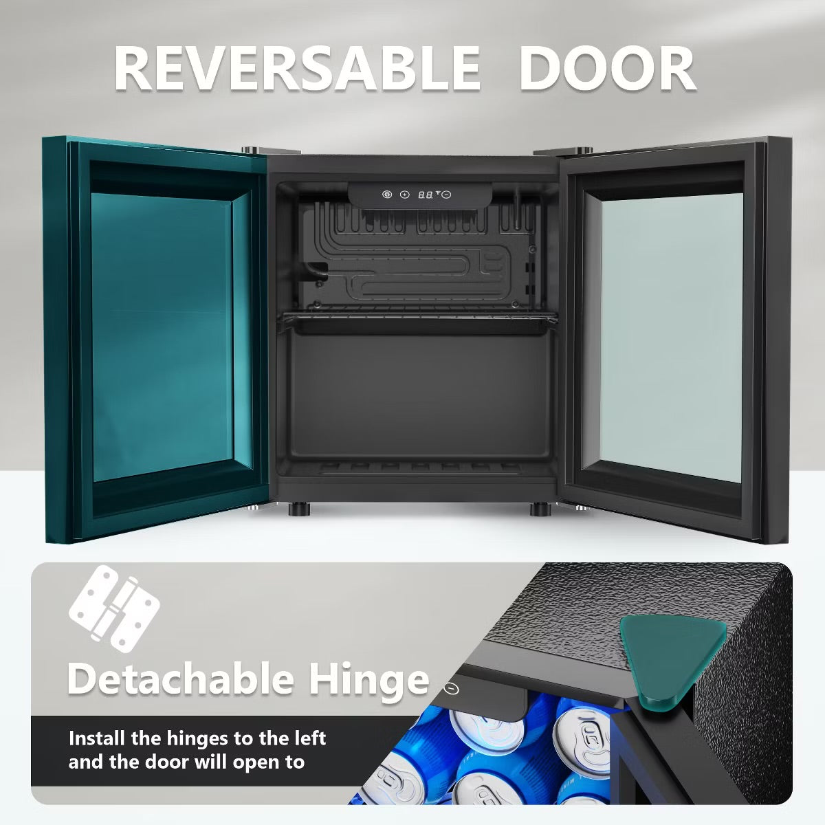 Simzlife 1.3 Cu.Ft/55 Cans Mini Beverage Refrigerator, Portable Fridge with Reversible Glass Door,Adjustable Shelves, Digital Control,LED Light, Black