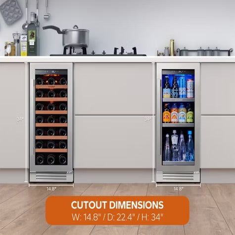 Ca'Lefort 15" Wine Fridge and 15" Beverage Fridge Combo, Hold 80 Cans and 33 Bottles Wine Cooler Freestanding & Built-in