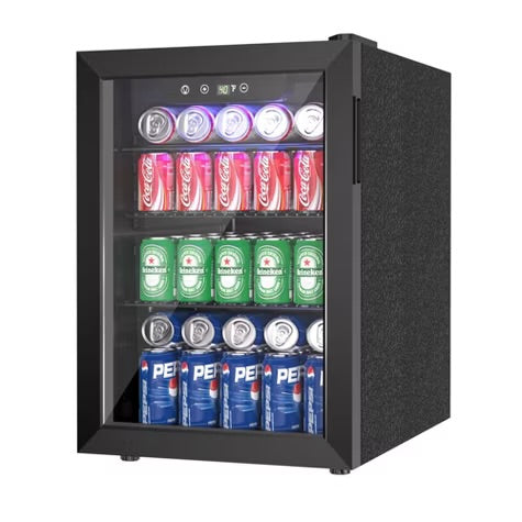 Simzlife 2.7 Cu.Ft/100 Cans Beverage Refrigerator, Mini Cooler with Reversible Glass Door, Fridge with Removable Shelves, Digital Control, Blue LED