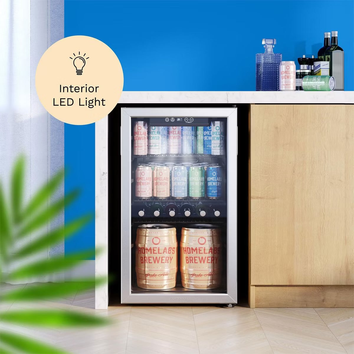 hOmelabs Beverage Refrigerator with Glass Door for Soda, Beer or Wine, 120-Can Capacity - Portable Mini Fridge and Cooler Machine for Office and Bars