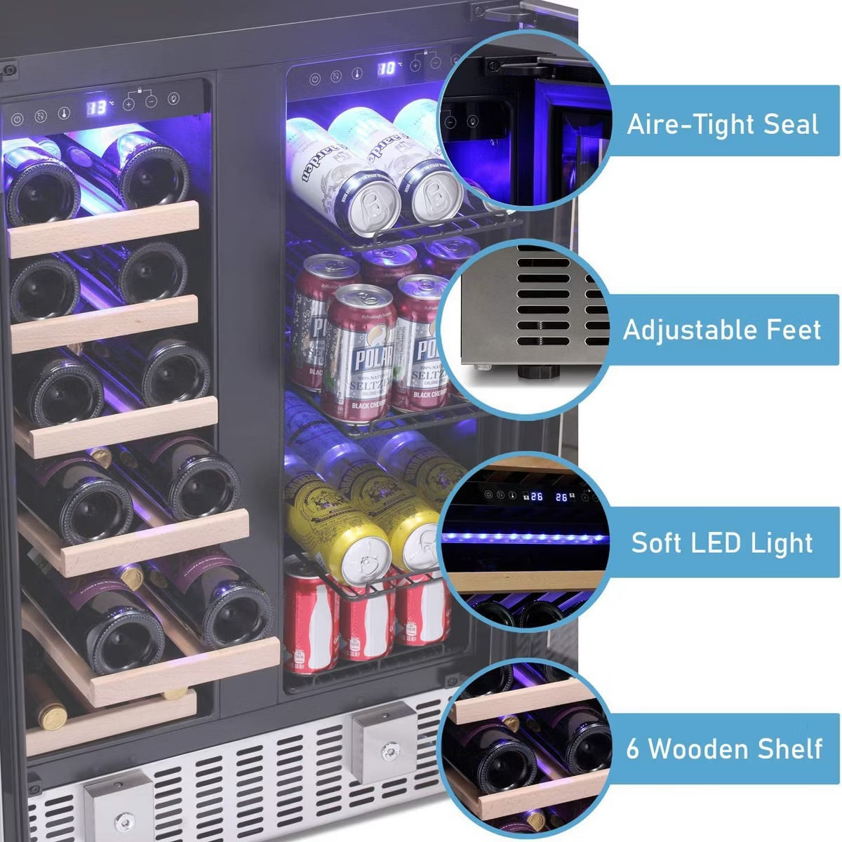 R.W.FLAME Beverage Fridge with Dual-Zone Cooler and Glass Door, 24-Inch Under Counter Design,Built-in or Freestanding, Smart Touchscreen