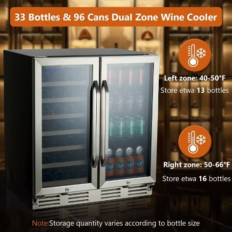 30 inch Wine and Beverage Refrigerator, 96 Cans&33 Bottle - Dual Zone Built-in or Freestanding Fridge