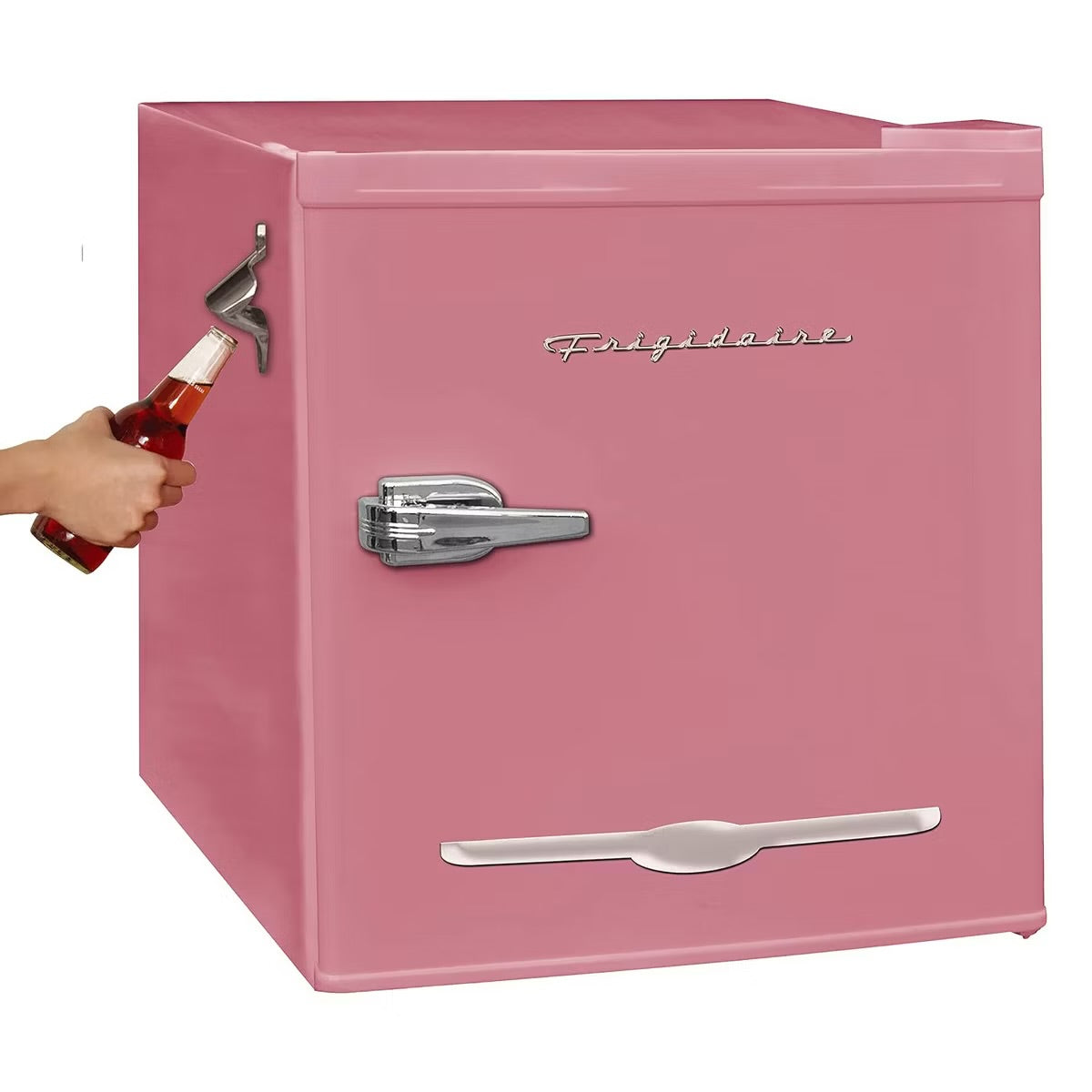 Frigidaire 1.6 Cubic Foot Stainless Steel Countertop Retro Bar Mini Fridge Refrigerator with Compact Freezer, Bottle Opener, and Reversible Door, Pink