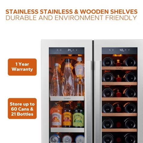Ca'Lefort 24" dual-zone wine/beverage fridge, holds 60 cans/20 bottles, glass door, 3 LED lights, adjustable shelves, 4.1 cu.ft