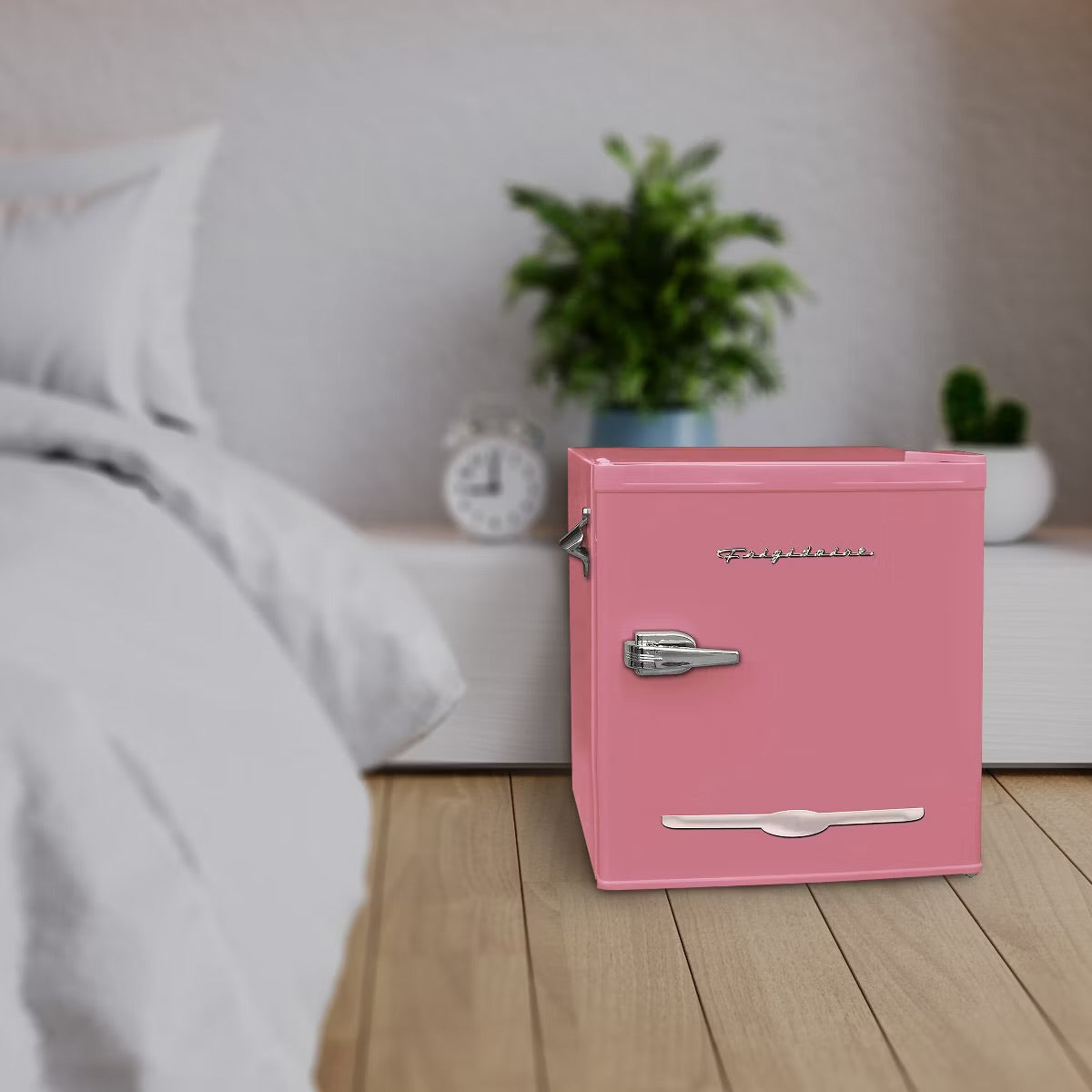 Frigidaire 1.6 Cubic Foot Stainless Steel Countertop Retro Bar Mini Fridge Refrigerator with Compact Freezer, Bottle Opener, and Reversible Door, Pink