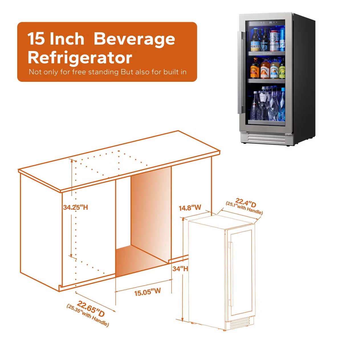 Ca'Lefort Beverage Cooler Refrigerator Soda Drink Mini Fridge 15 in. 100 Cans (12 oz.), Built-in or Freestanding Frost-Free