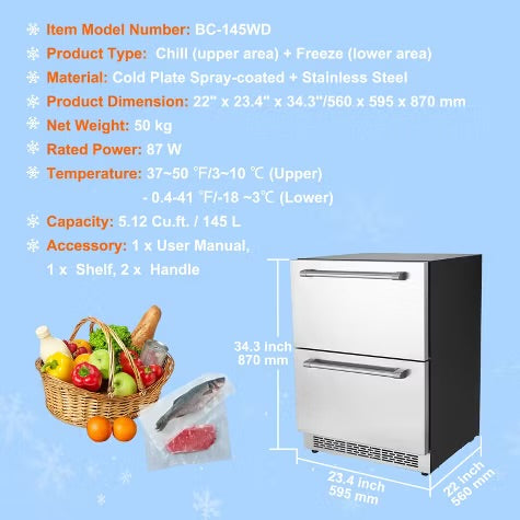 VEVOR 24 inch Undercounter Refrigerator, 2 Drawer Refrigerator with Different Temperature, 4.87 Cu.ft, Waterproof Under Counter Freezer Fridge