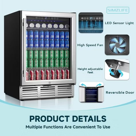 Simzlife 4.65 Cu.Ft/180 Cans Mini Beverage Refrigerator, Fridge Cooler with Glass Door, Adjustable Shelves, Digital Control,LED Light, Reversible Door