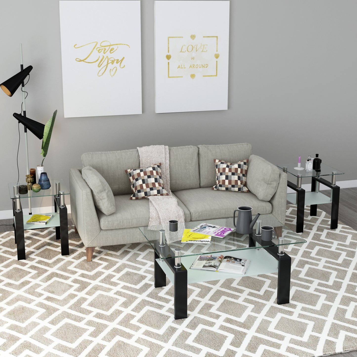 Lot de 2 tables basses modernes en verre trempé, table d'appoint carrée pour salon, transparentes/noires