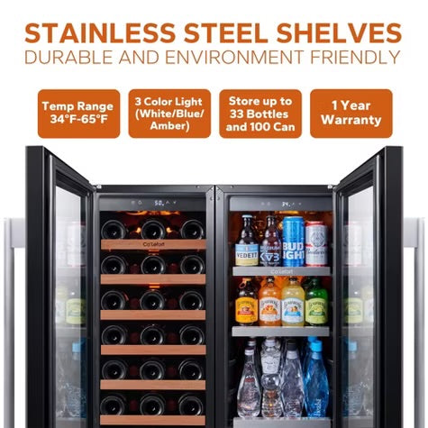 Ca'Lefort 15" Wine Fridge and 15" Beverage Fridge Combo, Hold 80 Cans and 33 Bottles Wine Cooler Freestanding & Built-in