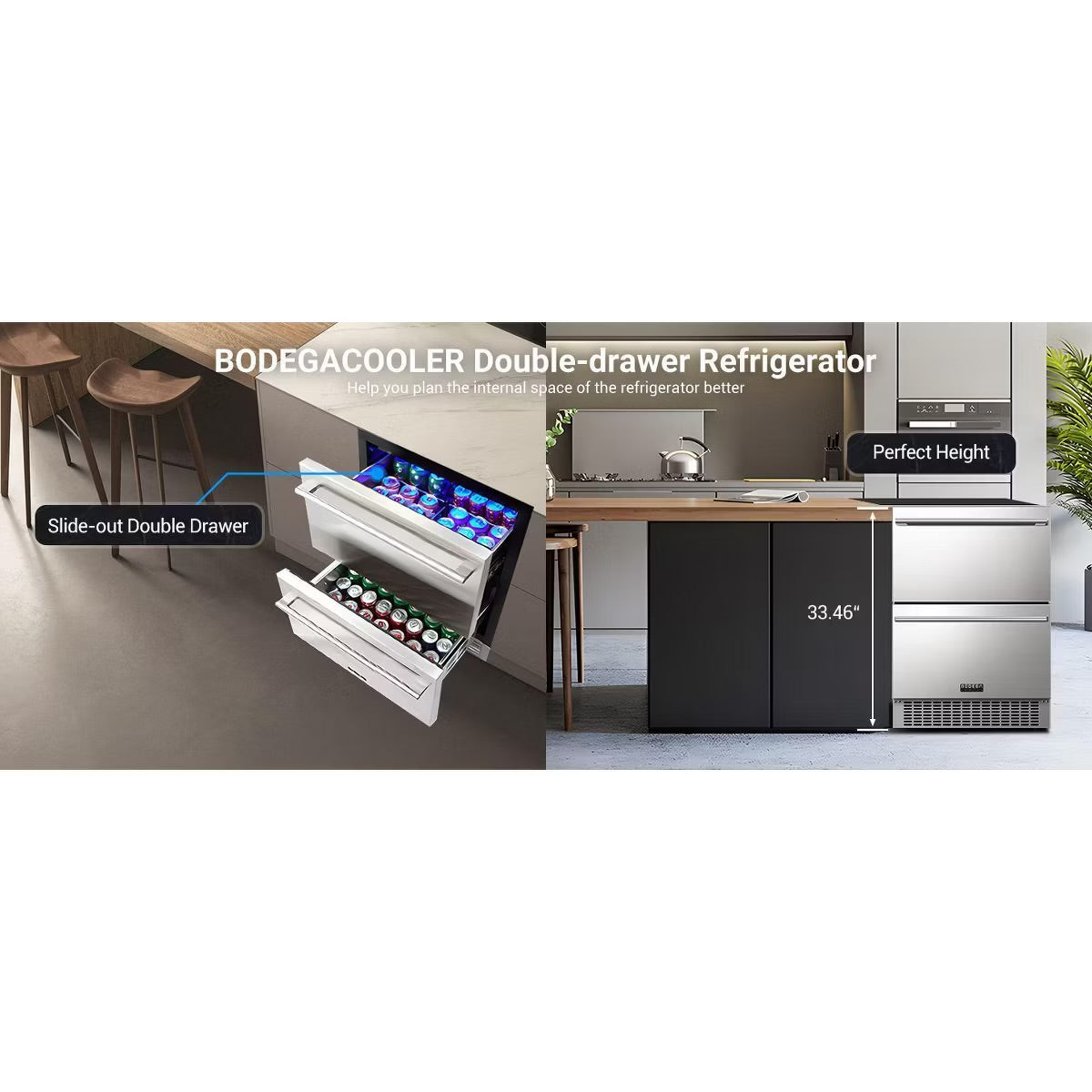 24-inch fridge,149 Cans,Stainless Steel Door,LED light,Adjustable shelves,Quiet Compressor,Double Drawer Cooler,Air Defrost System